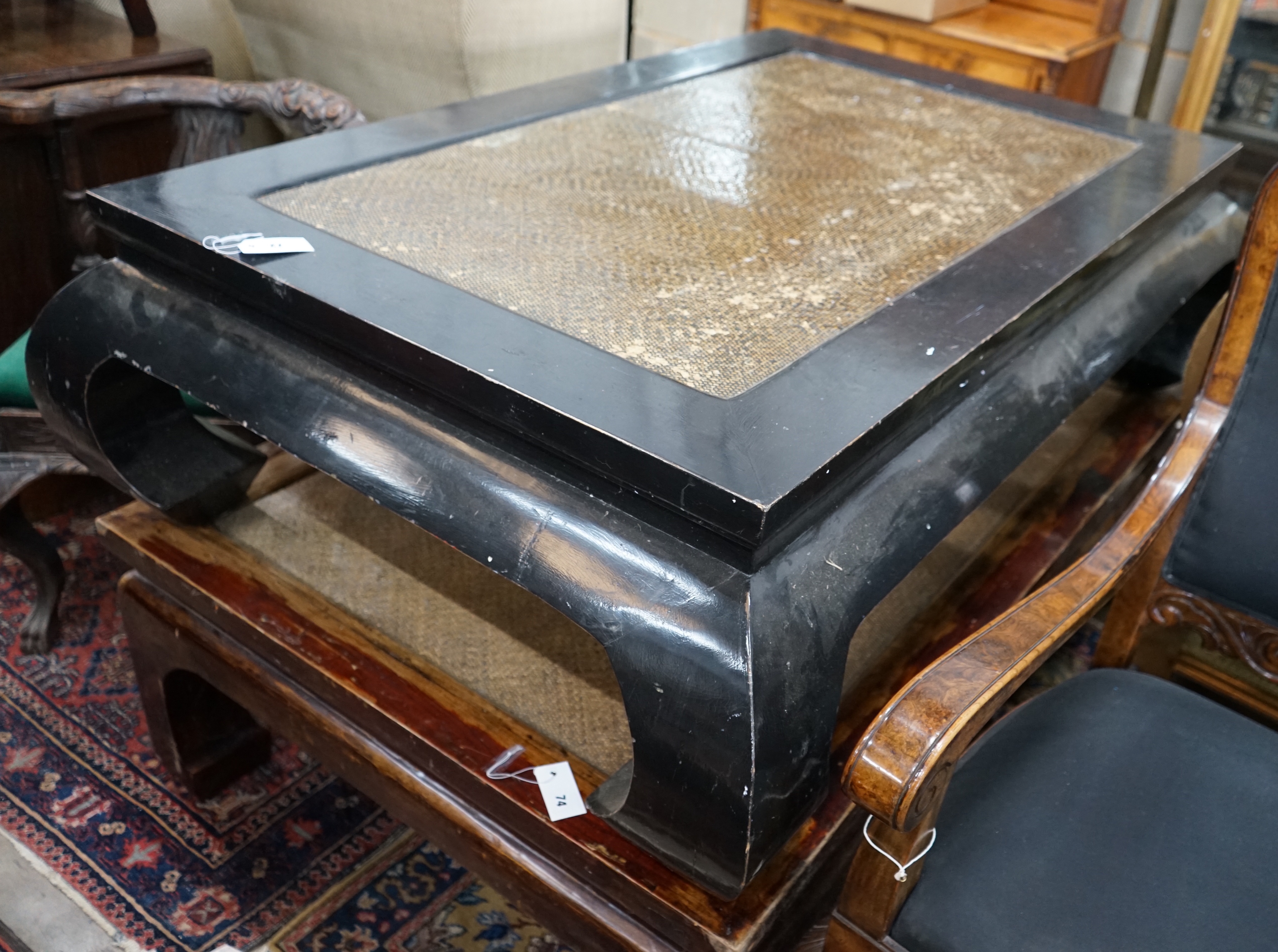 A Chinese rectangular carved lacquer coffee table, width 150cm depth 105cm height 43cm